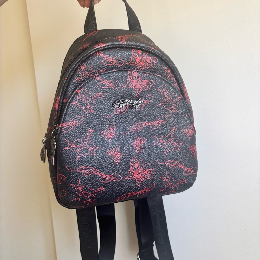 Ed Hardy Black Backpack with Pink Butterfly & Script Pattern